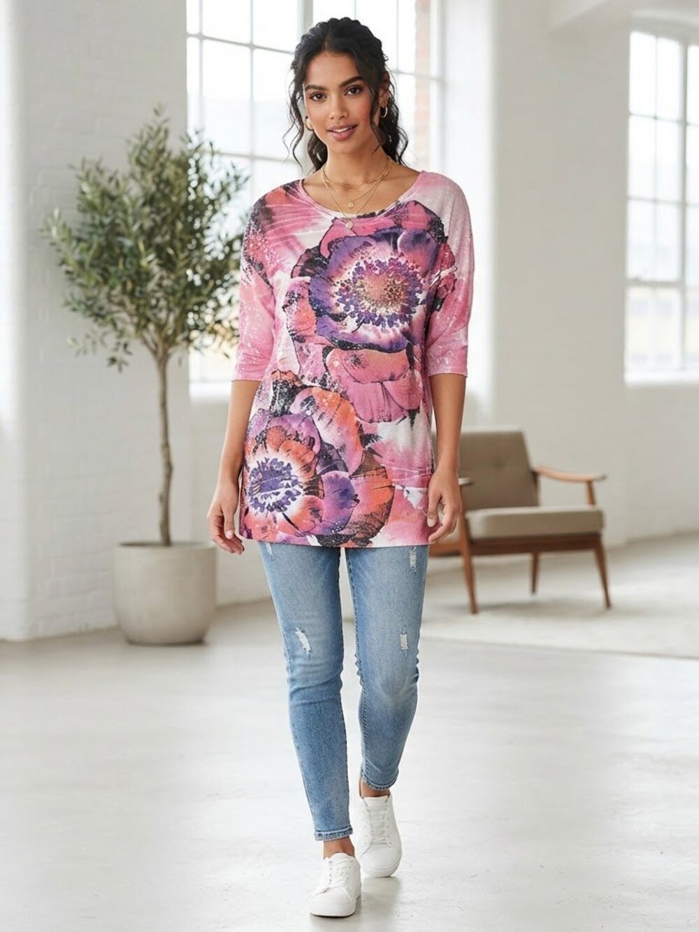 Pink Floral Sequin Embellished Short Sleeve Tunic Top Relaxed Fit Dolman Tee